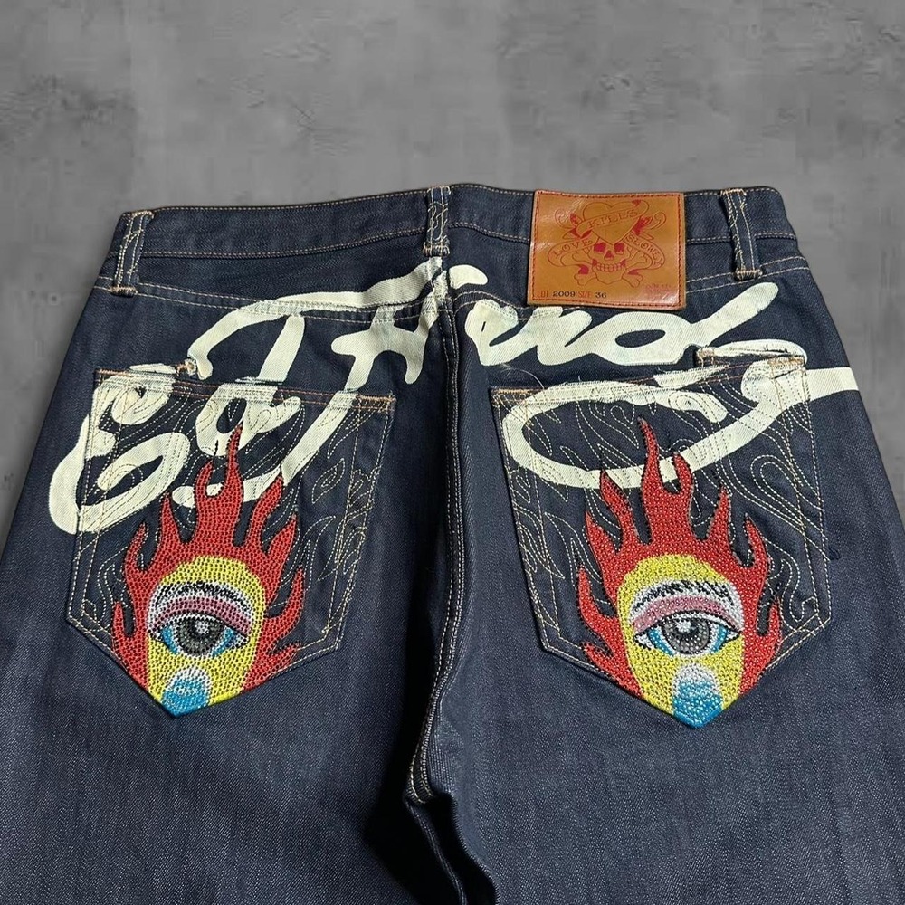 Y2K Vintage 2000s Embellished Grunge Ed Hardy Raw Denim Jeans Size 36x32 - Picture 3 of 7